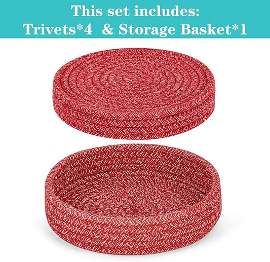 Trivets for Hot Dishes, Pots and Pans, Hot Pads with Storage Basket, Pot Holders for Kitchen, Heat Resistant Mat Protect Counter Home Essentials, Farmhouse Decor (Red 4 PCS)