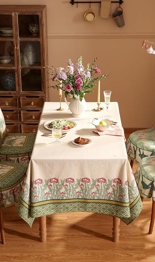 patdrea Designer Green Long Rectangle Table Cloth,Vintage Linen Leaves Pattern Tablecloth,Floral Cover Colorful Decor for Kitchen Dining Christmas,Tea Party,Thanksgiving,63"x102"-Cecilia D