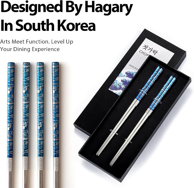 Hagary Blue Wave Chopsticks 2 Pairs Metal Chopsticks Reusable Designed In Korea Japanese Style Stainless Steel 316 18/10 Non-Slip Dishwasher Safe