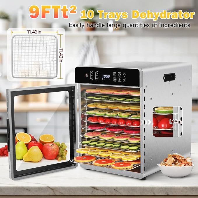 SUCISENI Food Dehydrator for Jerky, 10 Stainless Steel Trays 9ft² Dehydrator Machine, 1000W Dehydrator with 24H Timer 195℉ Temperature Control for Meat, Fruits, Veggies, Dog Treats