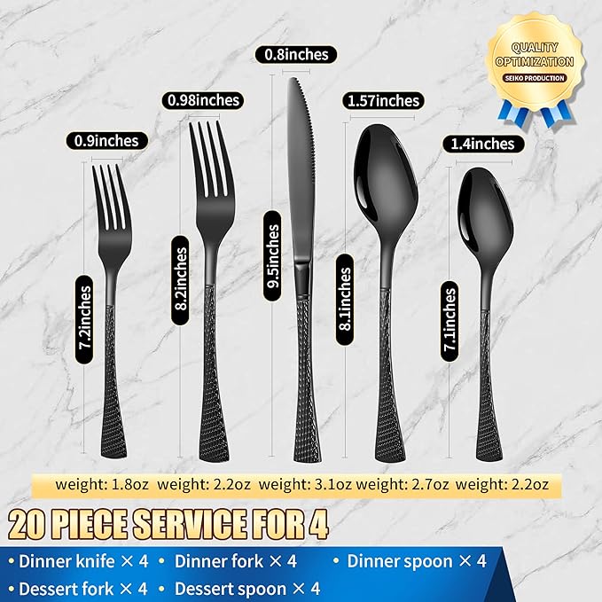 Lemeya Hammered Black Silverware Set,20 Piece Modern Flatware Set Service for 4,Mirror Polished Stainless Steel Cutlery Set Utensil Set Tableware Set,Kitchen Knives Forks Spoons Set,Dishwasher Safe