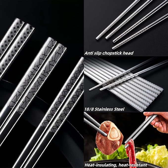 5 Pair Metal Chopsticks Reusable 18/8 Stainless Steel Chopsticks Set Non-slip Chinese Chopstick for Cooking Eating Dishwasher Safe 9.25" Chop Sticks Gift Set