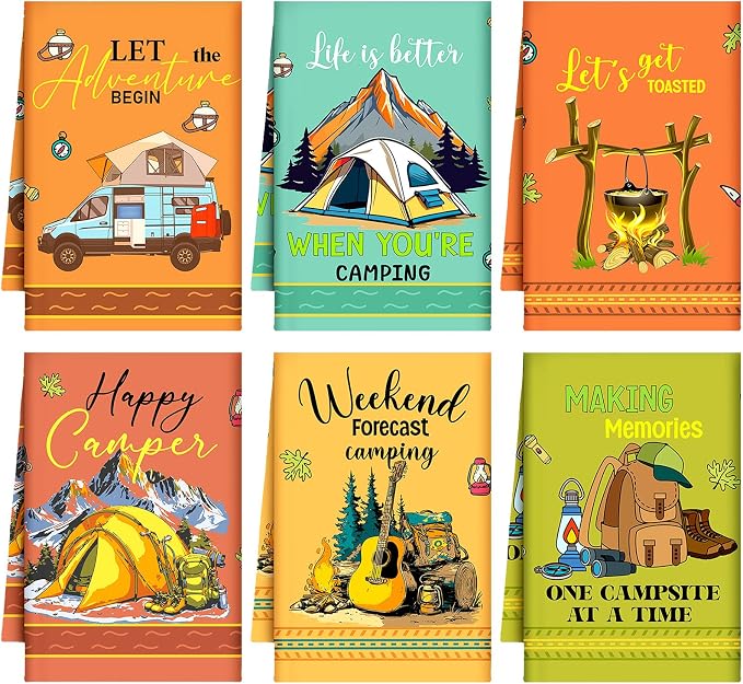 Boyiee 6 Pcs Camping Kitchen Towels Absorbent Dishcloths | Bonfire Tent Car Tea Towels with Funny Sayings 24 x 16 Inches Novelty Gifts for Rv Campers Happy Camper Accessories