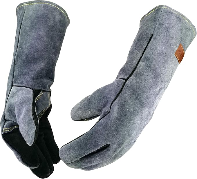 WZQH 16 In,932℉,Welding Gloves,Fireplace Glove,Fire & Heat Resistant,XL | Mitt for BBQ,Oven,Grill,Tig,Mig,Baking,Furnace,Stove,Pot Holder,Animal Handling Glove, Forge,etc.Leather,X-Large,Black-gray