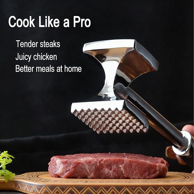 Aluminum Meat Tenderizer Hammer, Dual-Sided Meat Mallet with Grip | Dual-sided aluminum meat tenderizer with textured and smooth sides for tenderizing, flattening, and crushing meats and foods