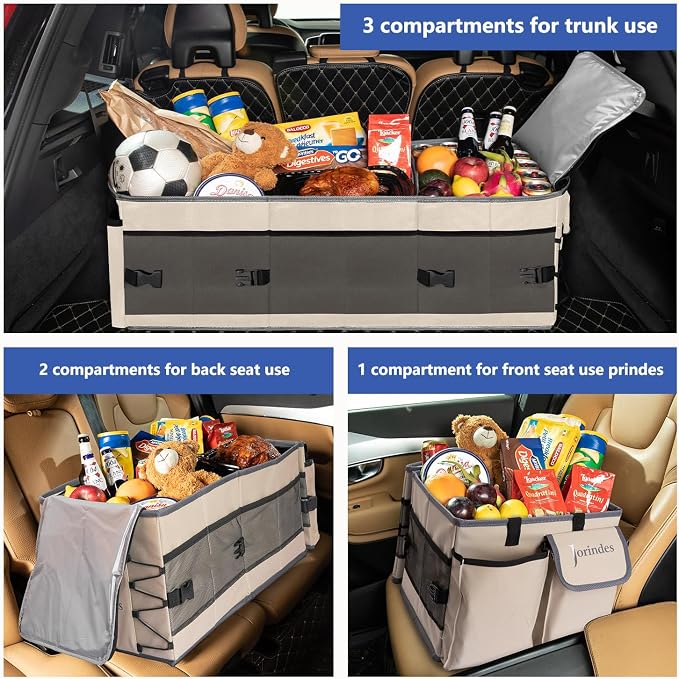 Trunk Organizer and Storage with Built-In Insulated Leak Proof Cooler Bag | Collapsible Cargo Organizer for SUV with Non Slip Strips, 3 Large Compartments Foldable Waterproof Portable Car Storage Box