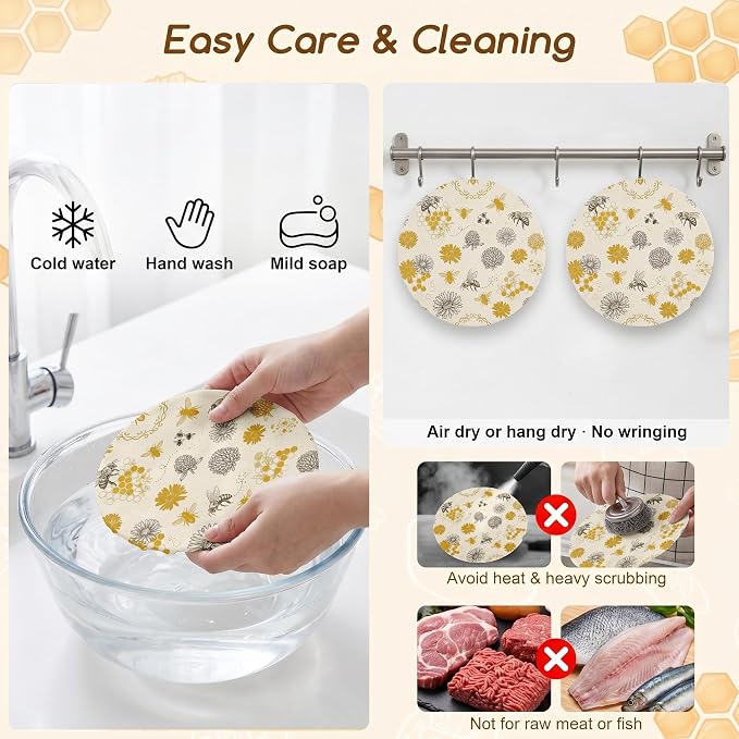 2Pcs Bee Theme Reusable Beeswax Bowl Covers Bread Sourdough Bowl Covers for Proofing Yellow Floral Reusable Elastic Bread Sourdough Cover Wrap Dough Proofing Food Storage Kitchen Baking Supplies