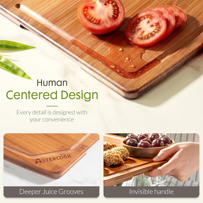 Astercook Large Bamboo Cutting Board, Deep Carbonized Wooden Chopping Board with Juice Groove and Handle, Kitchen Prep & Serving Board for Meat, Vegetables, Bread and Charcuterie