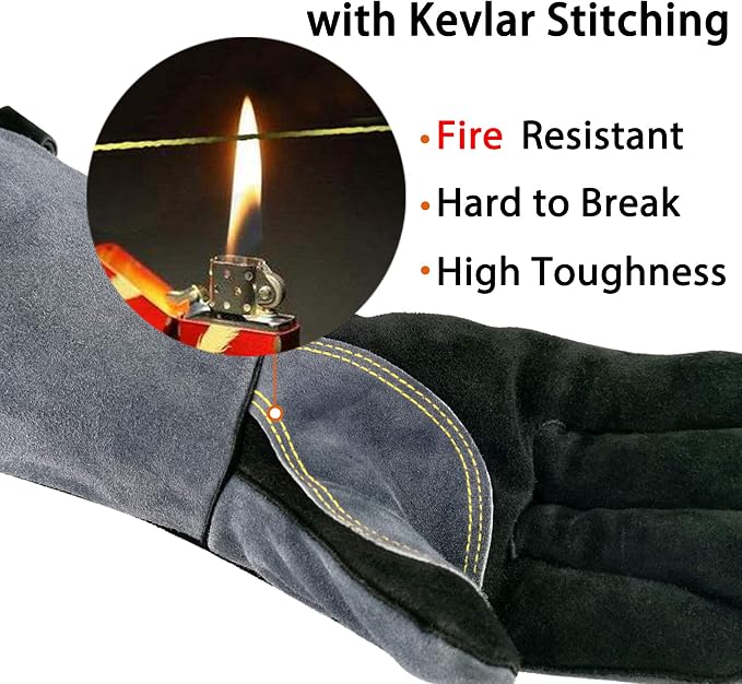 WZQH 14 In,932℉,Welding Gloves,Fireplace Glove,Fire & Heat Resistant,M | Mitt for BBQ,Oven,Grill,Tig,Mig,Baking,Furnace,Stove,Pot Holder,Animal Handling Glove, Forge,etc.Leather,Medium,Black-gray