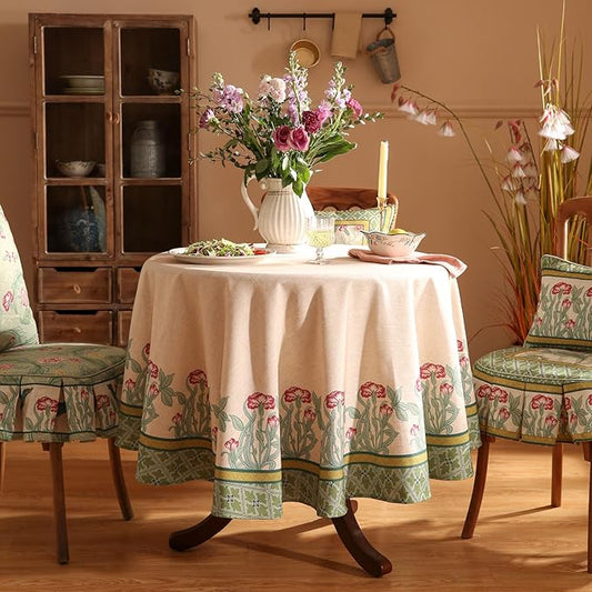 patdrea Designer Green Tablecloth for Round Table,Vintage Linen Leaves Pattern Table Cloth,Floral Cover Fall Decor for Kitchen Dining Christmas,Thanksgiving,Diameter 67"-Cecilia D
