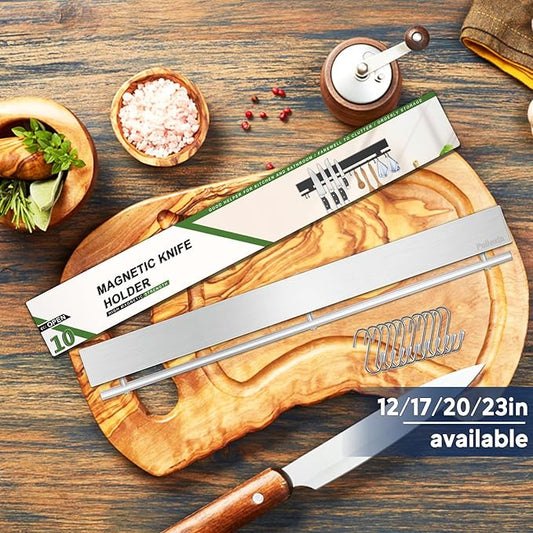 20 inch magnetic knife holder with 10 hooks, no drilling knife magnetic strip, and utensil hanger for wall. Powerful knife magnet rack includes tape and screw