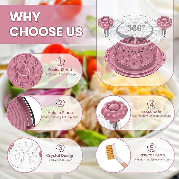 Chicken Shredder Tool Twist Large - Meat Shredders for Chicken Breast | 10'' Pro Visible Kitchen Gadgets Grinder Machine with Brush,Strong Anti-Slip Strip,Ergonomic Handle,BPA Free (Purple)