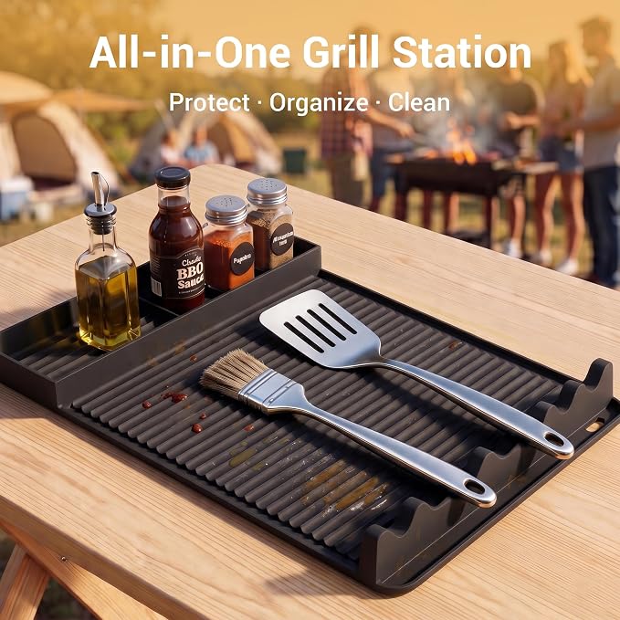 Silicone Grill Mat for Blackstone Griddles & Outdoor Grills - Heat Resistant (450°F) Countertop Protector, Non-Slip Tool Organizer & Grease Catcher, 16x11.5 Inch(Black)