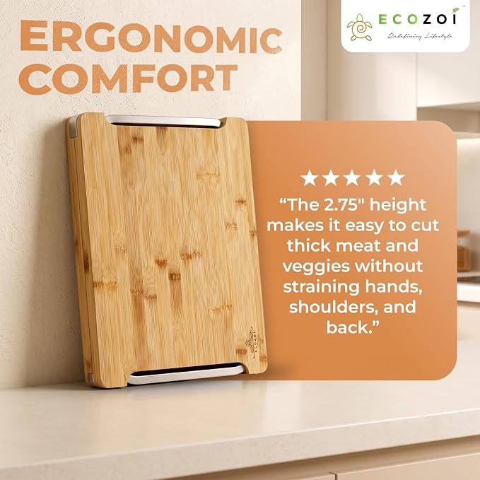Bamboo Cutting Board by Ecozoi with 2 Slide Out Drawers. Keep Meal Prep Organized With Organic Bamboo Wooden Chopping Station. Non-Slip Butcher Block with Juice Groove for Easy Cleaning