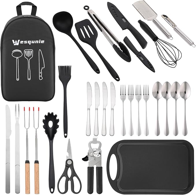 Wesqunie Silicone Cooking Utensils Set, Cookware Set for Outdoor Camping | Portable Camping Essentials, Stainless Steel Cookware Kit, Compact Storage for Camper, RV, Outdoor Picnic Grill Cooking