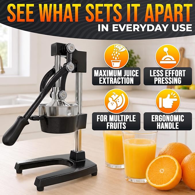 Cast Iron Juicer Hand Press, Heavy-Duty Squeezer, 304 Stainless Steel Bowl – One Pull Extracts Full Juice – Manual Citrus Press Juicer & Orange Squeezer for Lemon, Lime & Lemonade at Home Bar (Black)