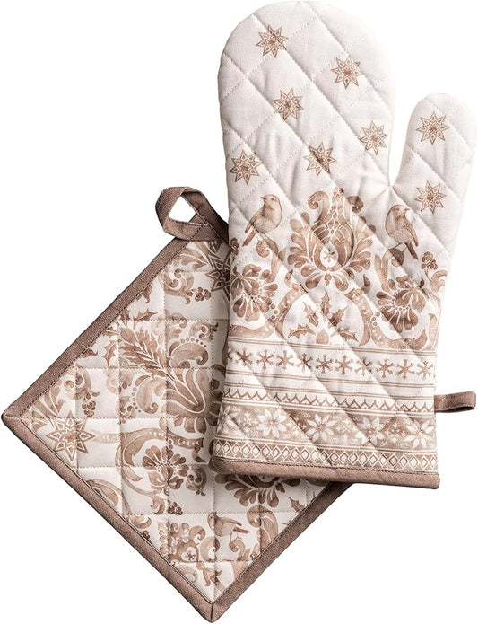 Maison d' Hermine 100% Cotton Oven Mitt & Pot Holder Set (7.5"x13" & 8"x8") | Heat Resistant BBQ Cooking Gloves with Loop Baking Grilling Kitchen Hotel Home Farmhouse Thanksgiving Christmas - Allure