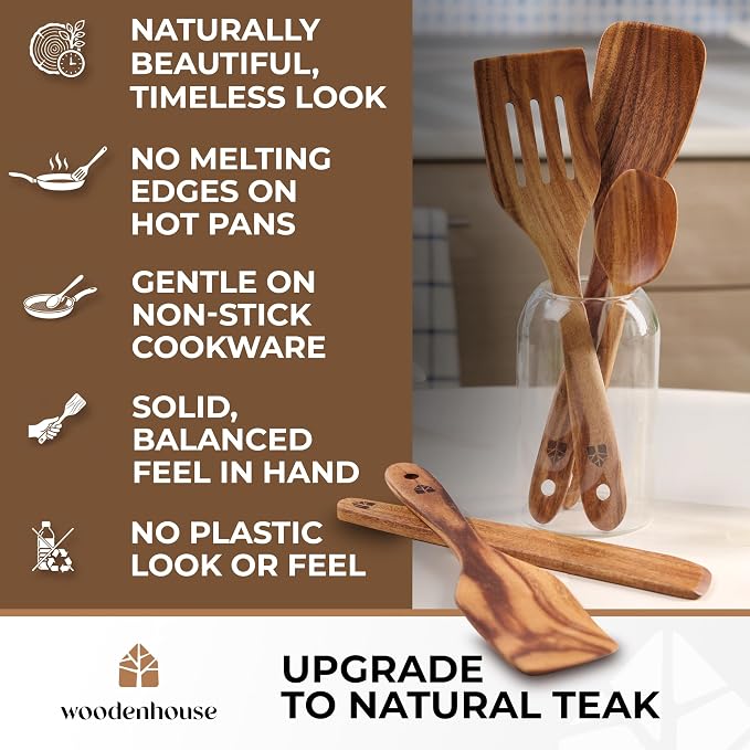 Wooden Spatula for Cooking, Teak Set of 6 for Non-Stick & Cast Iron | Includes Turner, Scraper, Slotted, Frying Tools, Jar Scraper & Spoonula – Scratch-Free, Easy to Clean