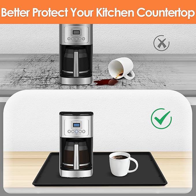 TOHONFOO Silicone Coffee Maker Mat with Lip, 19.7'' x 15'' Heavy Duty Coffee Maker Mat for Countertops, Coffee Tray Fit Under Coffee Machine Appliance Automatic Machines Espresso Accessory, Black