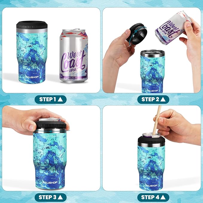 HAUSHOF 4-in-1 Insulated Can Cooler Fits 12oz Cans & Beer Bottle, Camo Blue | Double-Wall Vacuum Insulated, 18/8 Stainless Steel, BPA-Free Lid, Slim Can Cooler for Camping, Beach & Picnic
