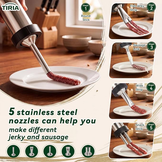 TIRIA Beef Jerky Gun Jerky Maker Sausage Stuffer Meat Stick Gun Cannon Kits | Stainless Steel Build, For Ground Meat, 5 Nozzles, 1 Meat Pusher, 5 Cleaning Brushes, Bonus Gloves, Great For Homemade Snacks