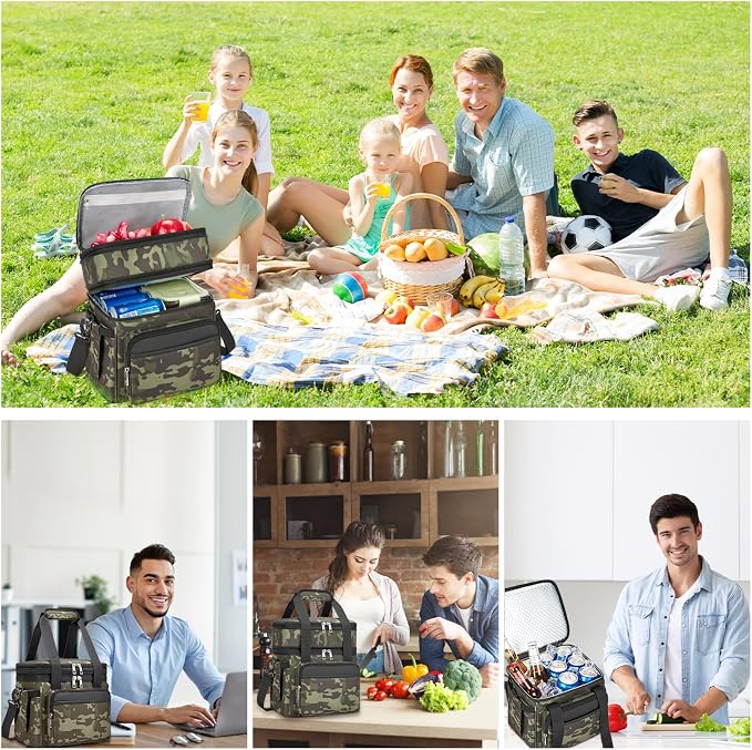 holuxer Insulated Lunch Bag & Lunch Box for Men - Double Deck Reusable Lunch Bag for Women Tote Cooler Bag Leakproof Soft Expandable - Large Lunchbox for Work/Adult/Picnic/Outdoor (Camo，15L)