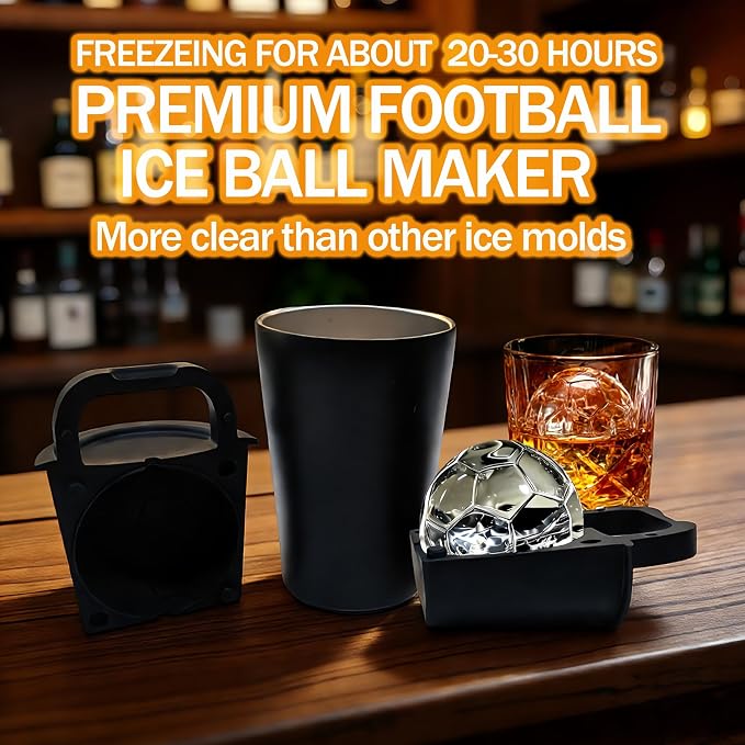 Clear Ice Cube Maker Tray – 2.5 Inch Large Clear Soccer Ice Mold, Stainless Steel & Silicone, Slow Melting Crystal Ice for Whiskey, Cocktails, and Home Bar Use (Football-1 Pack)