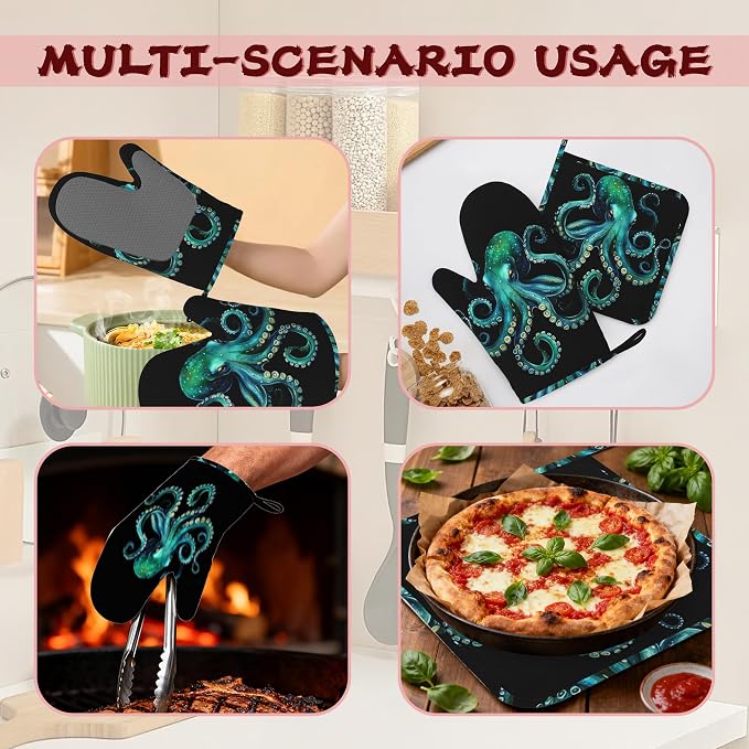 Octopus Silicone Oven Mitts and Pot Holders,Heat-Resistant 4 Piece Kitchen Set Non-Slip Oven Gloves and Hot Pads for Cooking, Baking, Grilling,BBQ