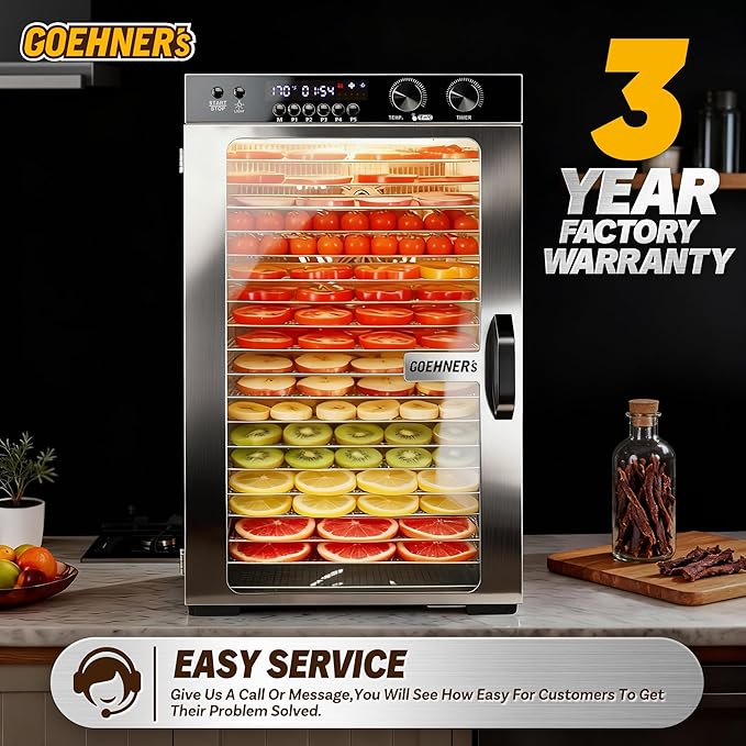 Food Dehydrator Machine 18 Stainless Steel Trays, 18ft² Meat Dehydrator for Jerky Up to 194°F Temperature Control and 5 Presets and 48H Timer, 1000W Food Dryer for Dog Treats, Herbs, Fruit and Veggies