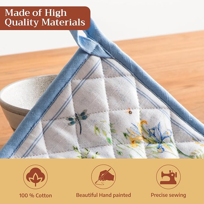 Maison d' Hermine Pot Holders 100% Cotton Potholders (8" x 8", Pack of 1) | Heat Resistant Hot Pads with Loop BBQ Cooking Baking Farmhouse Kitchen Handling Hot Pans Spring Summer - Fleurs De Mai