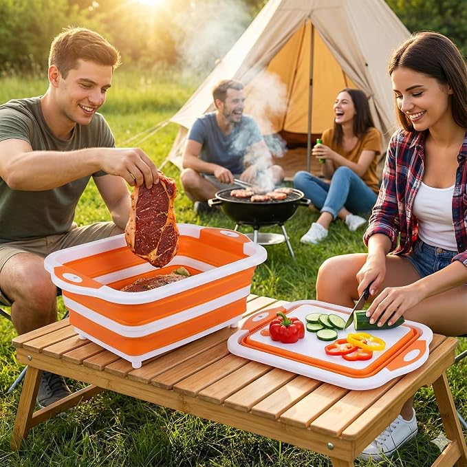 Collapsible BBQ Prep Tub with Lid, Foldable Camping Sink with Colander, Cutting Board, Dish Basin for Kitchen, Bowl, Vegetable and Fruit, Storage Basket for Picnic-Orange