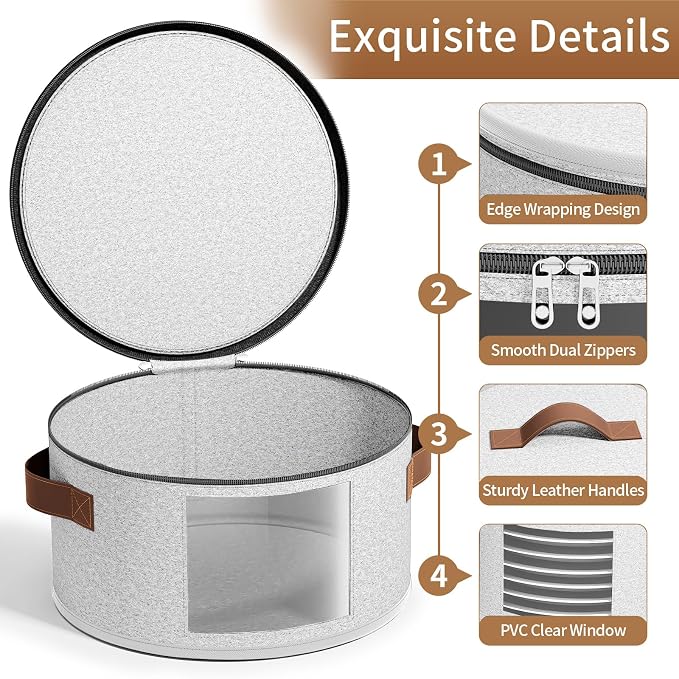 4-Piece Set China Storage Containers, Dish Storage with Clear Windows, Hard Shell Plate Storage Containers with Handles, Stackable Sturdy Dish Packing Supplies for Moving & Protection, Light Gray