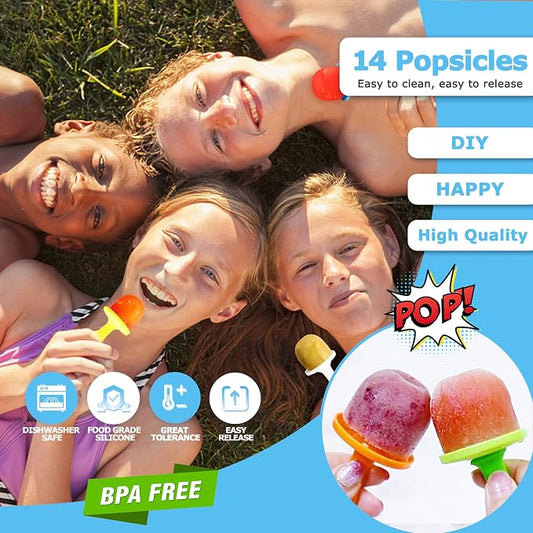 Silicone Popsicle Molds 14-cavity DIY 2Pcs Ice Pop Mold with Colorful Sticks For egg biting ice cream molds baby food storage containers non stick cake molds (Purple Mint Green)