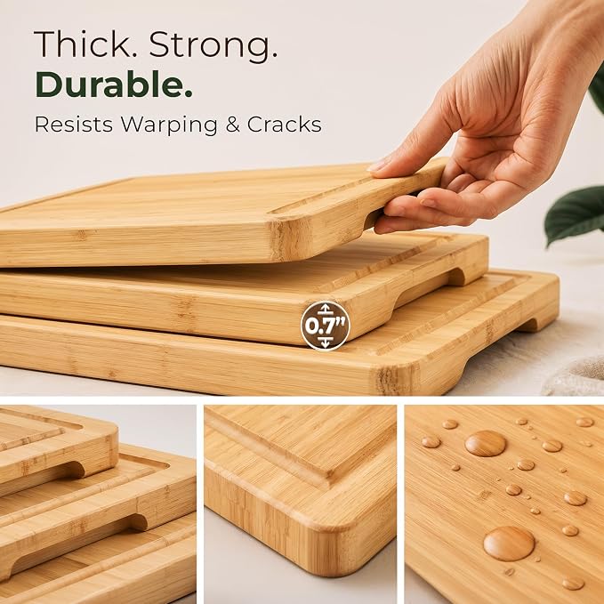 Bamboo Cutting Boards for Kitchen Set of 3, Deep Juice Grooves & Handles | Thick and durable in three sizes, 15" 12" 9"; large surface, easy to wash; great for meat, veggies and fruit