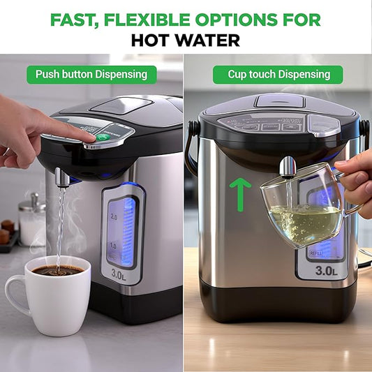 NutriChefKitchen Electric Water Boiler and Warmer - 3L/3.17 Qt Stainless Steel Electric Hot Water Dispenser w/Rotating Base, Auto Shut Off, Safety Lock, Instant Heating for Coffee & Tea (NCHUB13)