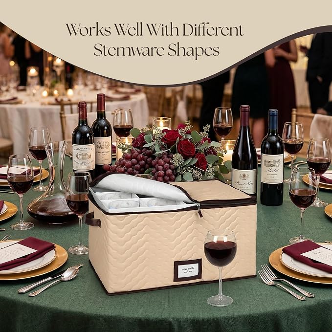 Wine Glass Storage Box with Dividers, Holds 12 Glasses up to 4.25" Wide | 2 Pack, Stemware Storage Case, Protects Fine China, Durable Quilted Microfiber, Carry Handles, Ideal for Red Wine Glass