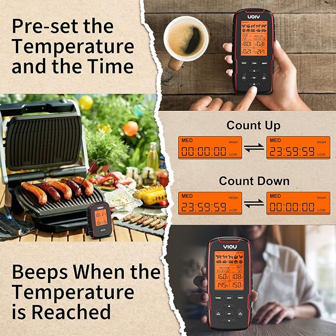 Wireless Meat Thermometer for Cooking, Digital Meat Thermometer with 4 Probes, 500FT Ultra Accurate & Fast Food Thermometer for Oven, Smoker, Red