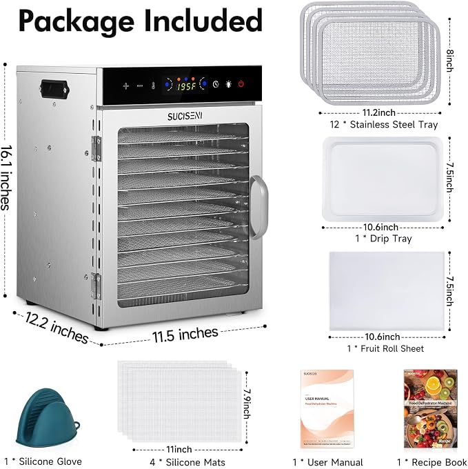 Food Dehydrator Machine 12 Stainless Steel Trays 1000W Meat Dehydrator for Home Use, 24H Timer & 195℉ Temperature Control Food Dryer for Jerky Fruit Herbs Mushroom Dog Treats