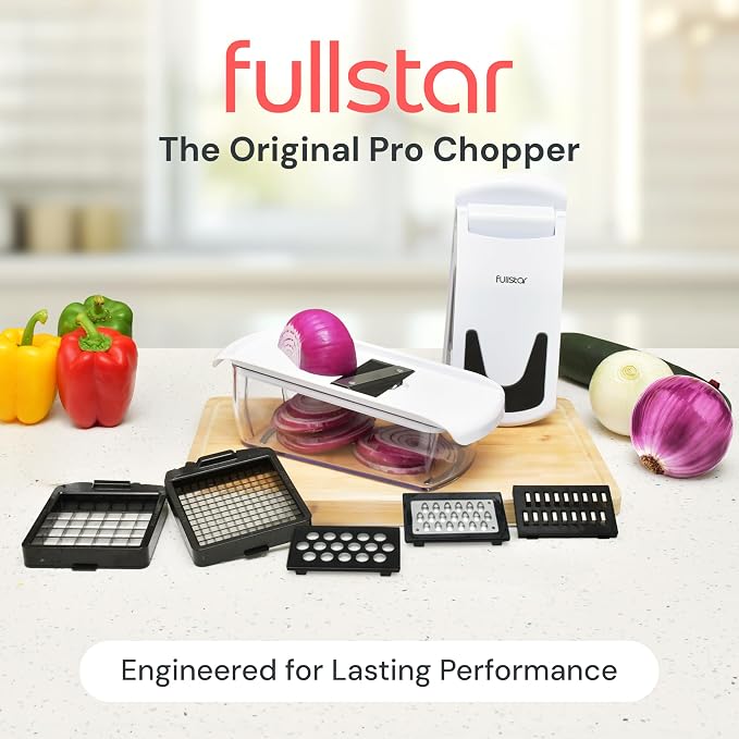 Fullstar Pro Original Vegetable Chopper & Mandoline Slicer Kitchen Gadget | 6 in 1 Veggie Slicer, Onion & Fruit Cutter with Sharp Stainless Steel Blades & Container, All-in-One Meal Prep Tool (White)