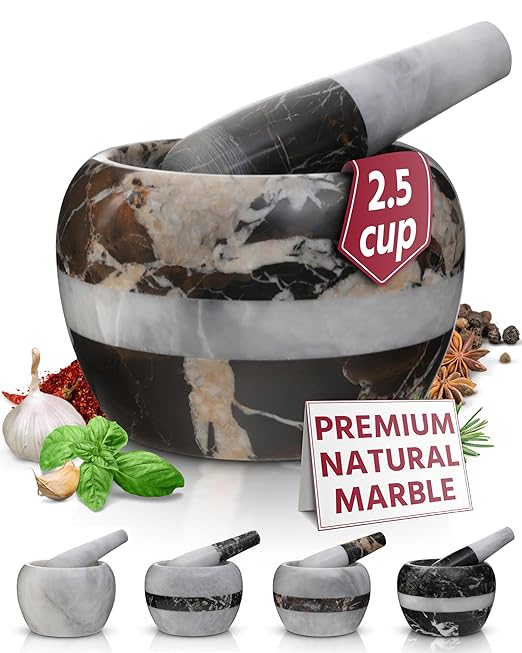 Gusto Nostro Natural Marble Mortar and Pestle Set | 5 Inch - 2.5 Cup Large Mortar Pestle Set for Grinding Herbs, Nuts, Grains | Pesto Grinding and Guacamole Stone Bowl | Marble Spice Crusher
