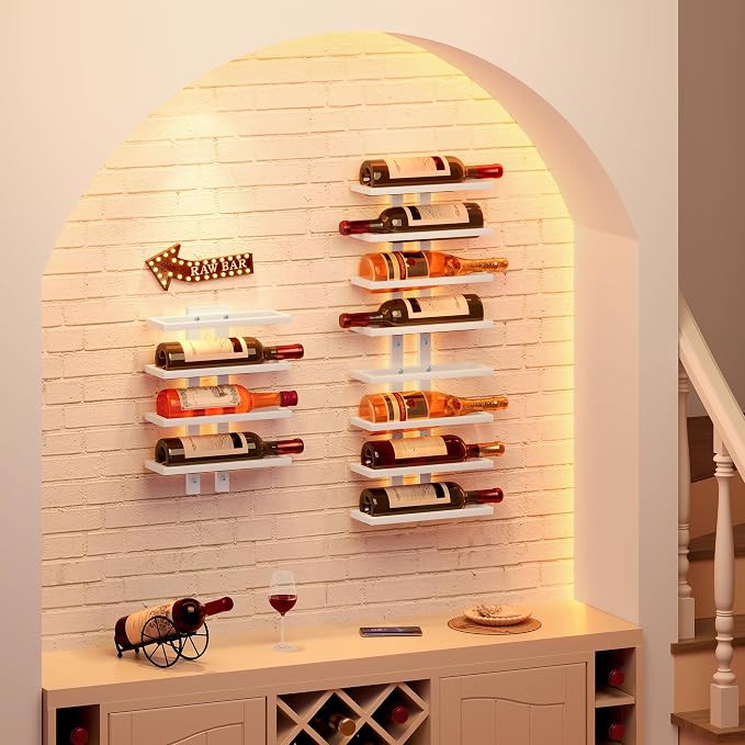 Hoctieon 2-Set 8 Tier Wall Mount Wine Rack (16 Tiers), Wall Racks for Wine Bottles Display and Storage, Hanging Bottle Organizer for Living Room, Dining Room, Wine Cellar, Bar, White