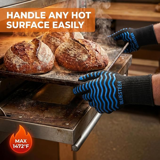 BBQ Gloves 1472°F Heat Resistant Oven Gloves with Fingers Heat Proof Grill Gloves Non-Slip Silicone Oven Mitts for Kitchen Cooking Grilling Baking Smoking