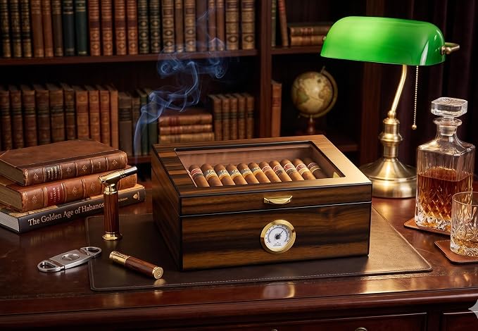 Cigar Humidor - Holds 25-50 Cigars - Spanish Cedar Wood - Tempered Glass Top Display - Metal Handle, Divider, Humidifier, Hygrometer - Santos Rosewood