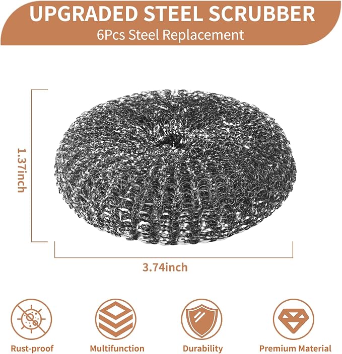 6PCS Steel Wool Scrubber Wire Sponge Set, Barbecue Grill Cleaning Scrubber Pads, Stainless Steel Scrubber Replacement for Scouring Messes from Cast Iron, Pots, Pans, Grill, Stoves, Sink (6 Pads)