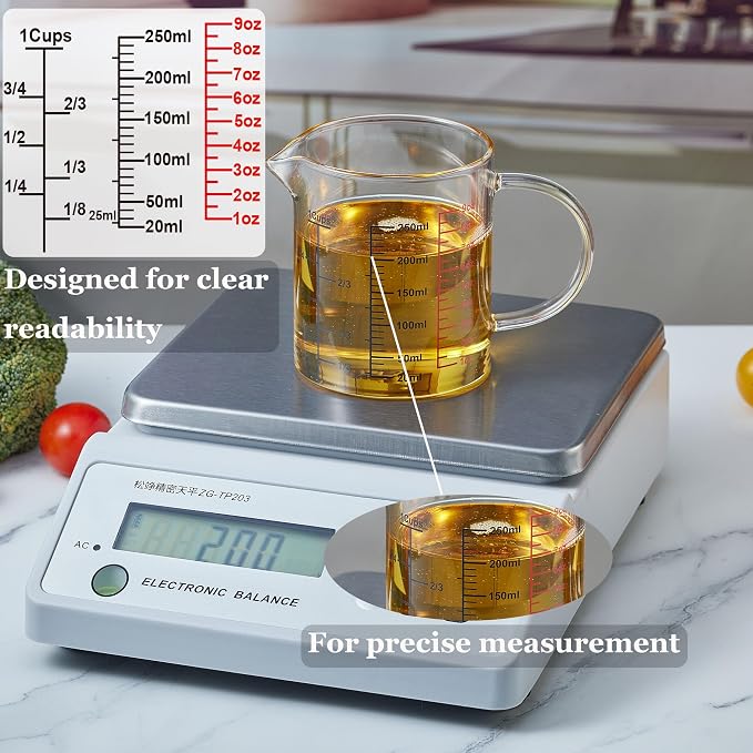 Ackers BORO3.3 Glass Measuring Cup-[Insulated handle | V-Shaped Spout]-Made of High Borosilicate Glass Measuring Cup for Kitchen or Restaurant, Easy to Read, 250 ML (8 Oz, 1 Cup)