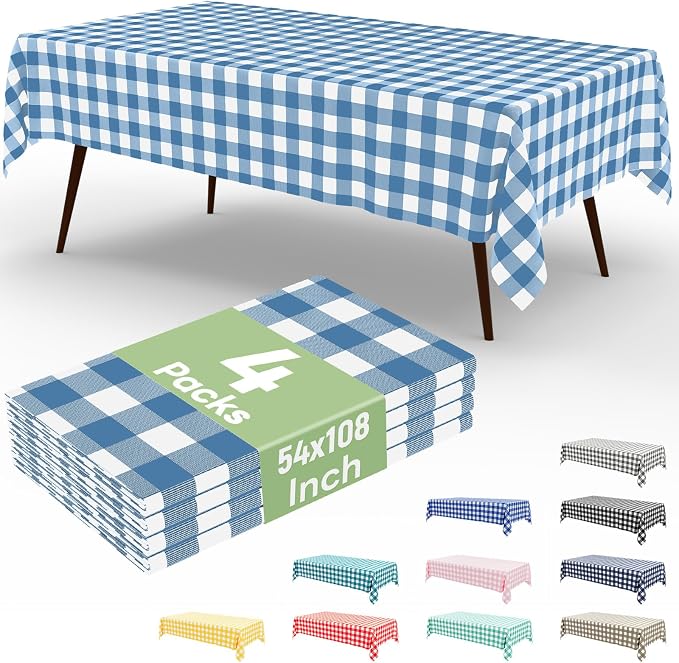 4 Packs Buffalo Disposable Table Cloth, 54 x 108 Inch Waterproof Plastic Tablecloth, Rectangle Aquamarine and White Checkered Table Covers for Picnic, Birthday, Party, Back to School
