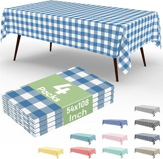 4 Packs Buffalo Disposable Table Cloth, 54 x 108 Inch Waterproof Plastic Tablecloth, Rectangle Aquamarine and White Checkered Table Covers for Picnic, Birthday, Party, Back to School