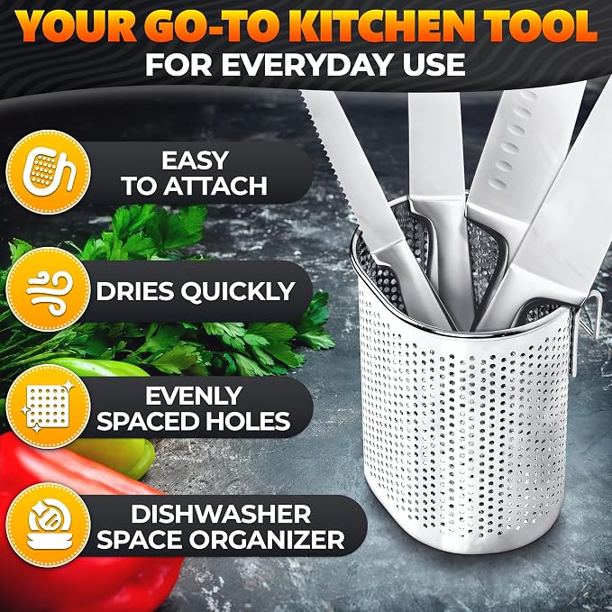 Chopstick Dishwasher Basket 3.5x2.7x3.9" – Stainless Steel Chopstick Holder for Dishwasher with Hooks, Oval Design Rust-Resistant Perforated Utensil Caddy for Straws, Teaspoons & Small Kitchen Tools