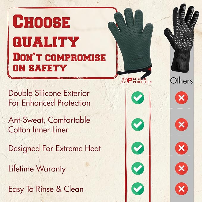 KITCHEN PERFECTION Silicone Griddle Grill Gloves Heat Resistant Oven Mitts | Waterproof, 5-Finger Design For A Better Grip, Best Griddle Grilling Accessories, Compatible with Blackstone, Weber & More