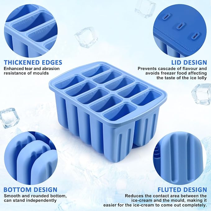 Popsicles Molds, 10 Cavity Silicone Popsicle Molds Easy-Release BPA-free Popsicle Maker Molds Ice Pop Molds Homemade Popsicle Ice Cream Molds with 50PCS Popsicle Sticks for Yogurt Juice Smoothies